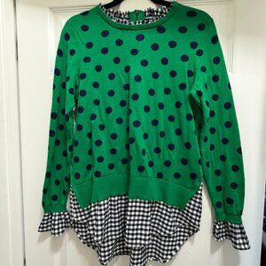 Crown & Ivy Twofer Tunic Green & Navy Polka Dot Sweater with Gingham Trim Size M